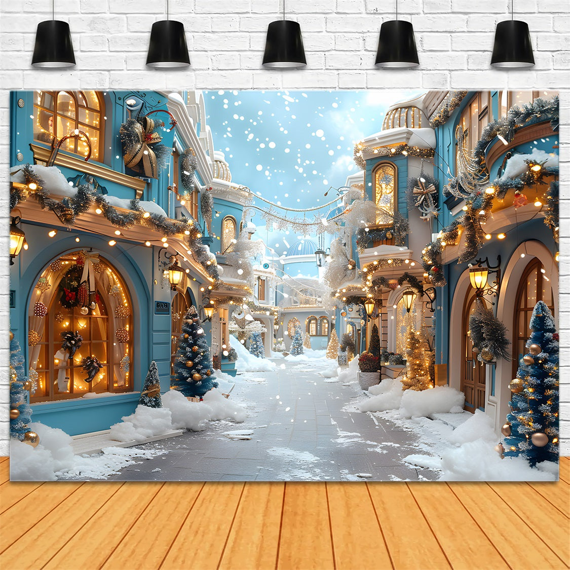 Sfondo Di Decorazioni Innevate Del Villaggio Blu Di Natale RR7-646