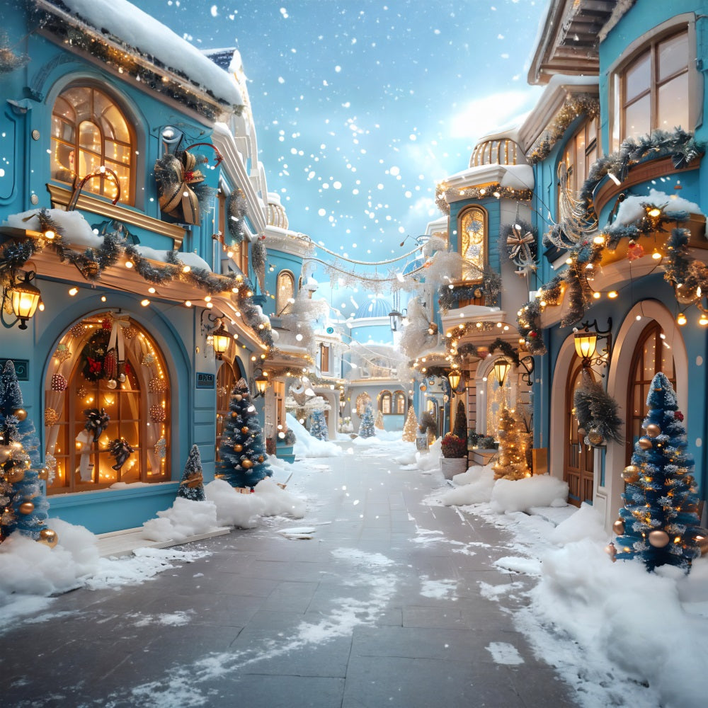 Sfondo Di Decorazioni Innevate Del Villaggio Blu Di Natale RR7-646