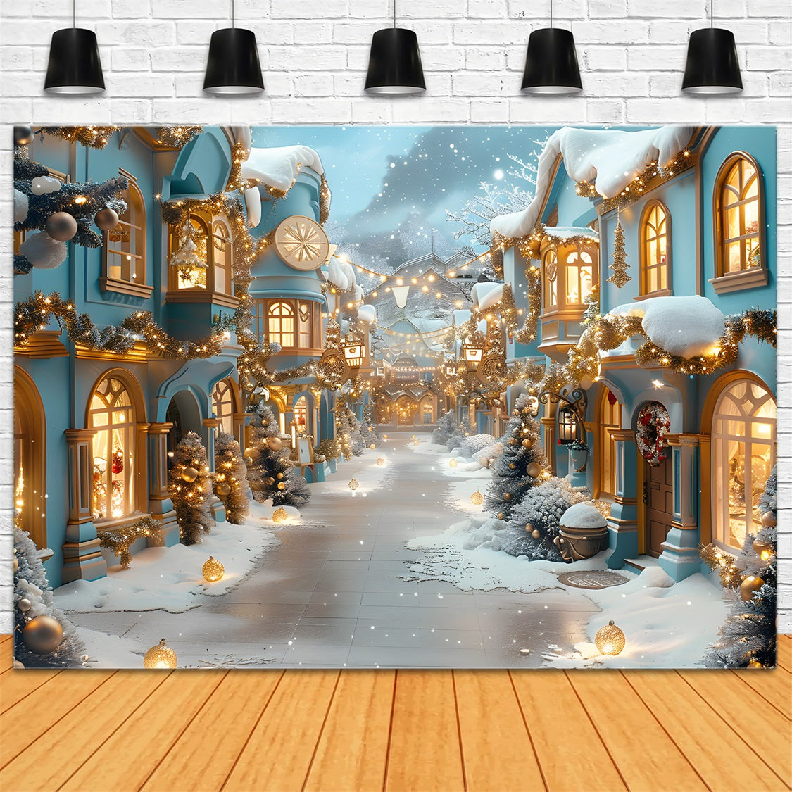 Sfondo Natalizio Con Vicolo Illuminato Da Lanterne Blu RR7-648