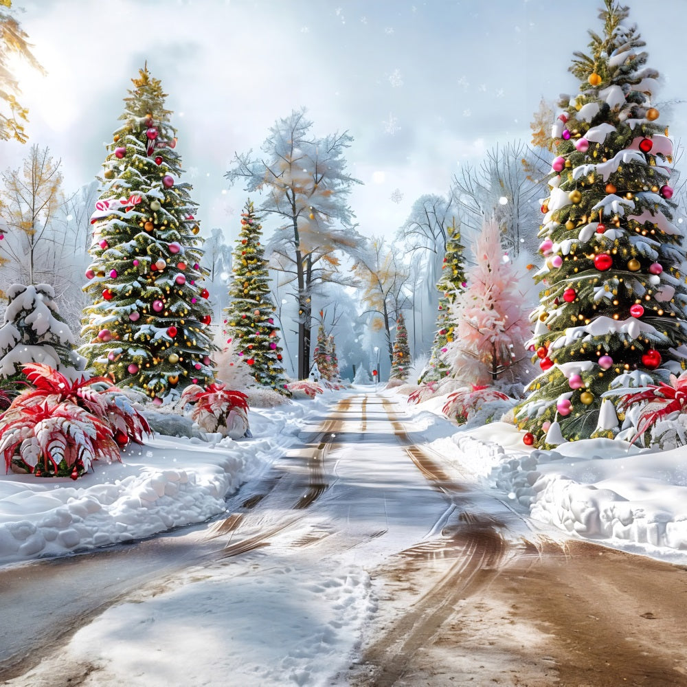 Sfondo Di Alberi Decorati Con Sentiero Nel Bosco Di Natale RR7-652