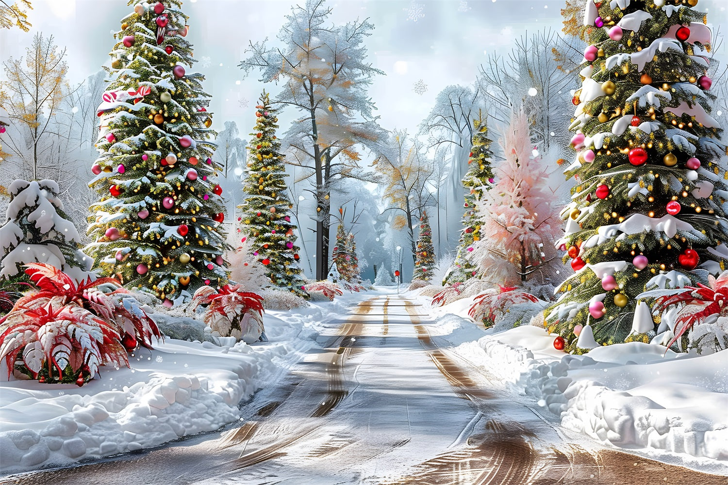 Sfondo Di Alberi Decorati Con Sentiero Nel Bosco Di Natale RR7-652