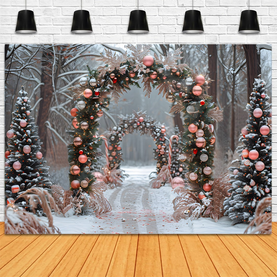 Sfondo Di Arco Di Natale Rosa Ornamento Candy Cane RR7-655