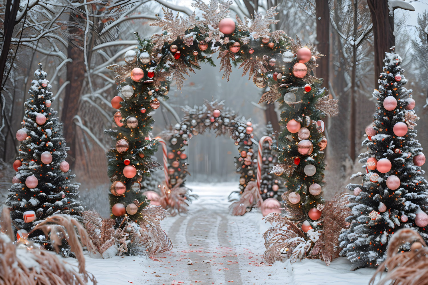 Sfondo Di Arco Di Natale Rosa Ornamento Candy Cane RR7-655