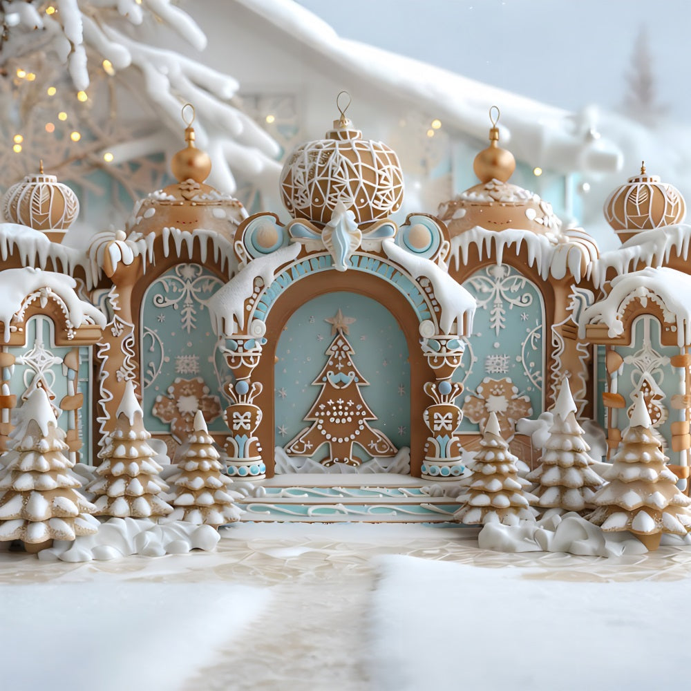 Sfondo Di Alberi Innevati Del Castello Di Pan Di Zenzero Di Natale RR7-662