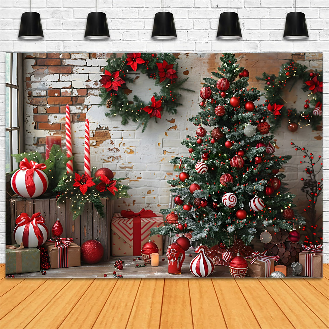Sfondo Di Decorazioni Bianche Rosse Del Muro Di Mattoni Di Natale RR7-676