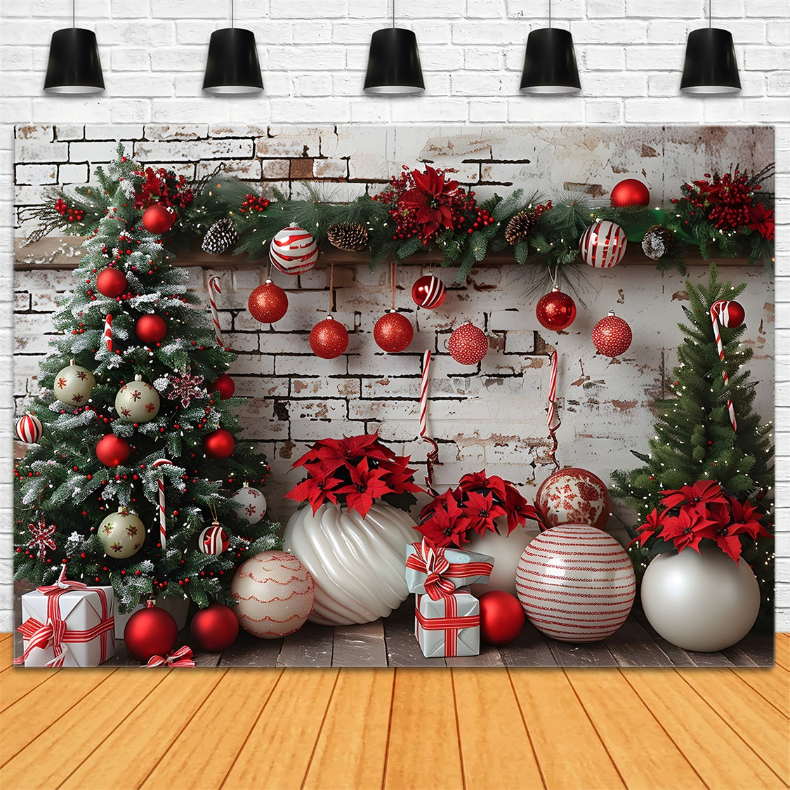 Sfondo Di Decorazioni Natalizie In Bianco E Rosso Con Muro Di Mattoni Rustico RR7-677