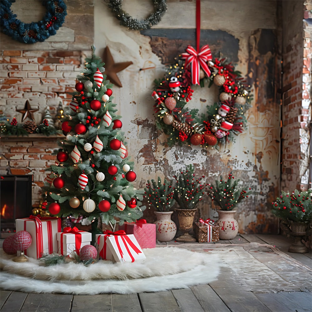 Sfondo Di Ornamenti Rustici Di Natale Accogliente Muro Di Mattoni RR7-678