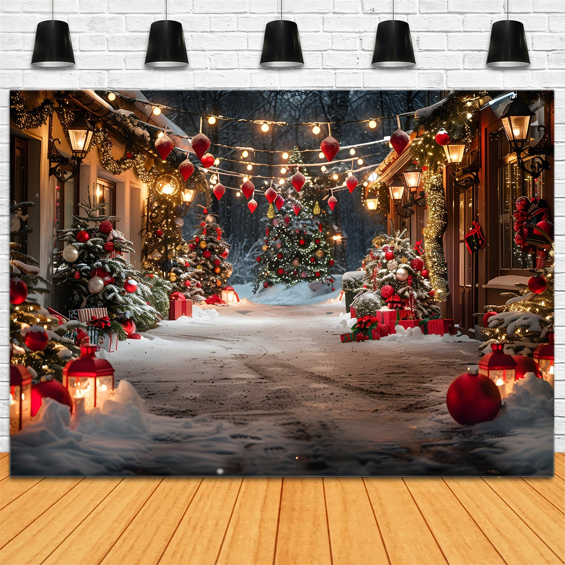 Sfondo Delle Lanterne Degli Alberi Del Vicolo Del Villaggio Di Natale RR7-683