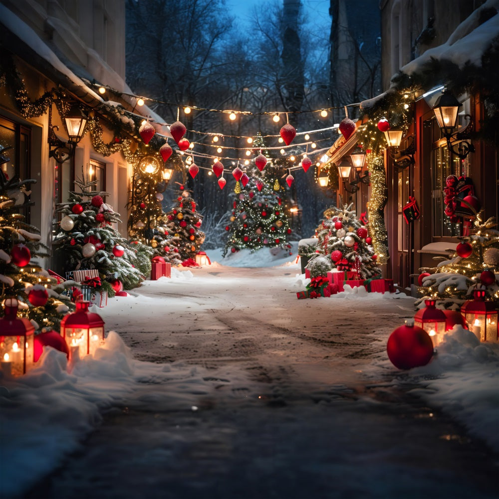 Sfondo Delle Lanterne Degli Alberi Del Vicolo Del Villaggio Di Natale RR7-683