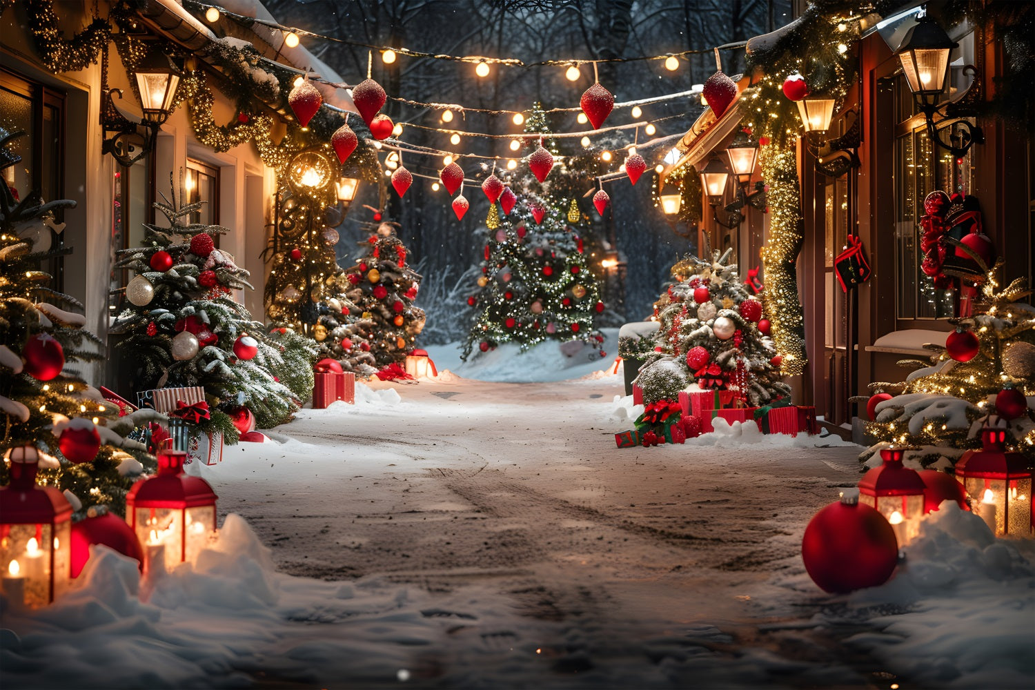 Sfondo Delle Lanterne Degli Alberi Del Vicolo Del Villaggio Di Natale RR7-683