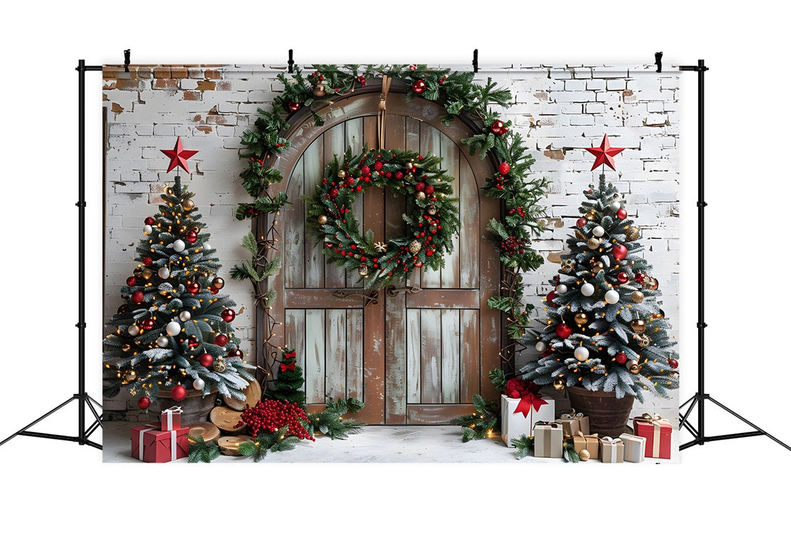 Sfondo Di Porta Ad Arco Rustica Con Alberi Festivi Di Natale RR7-688