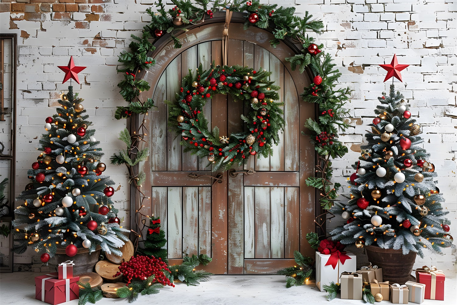 Sfondo Di Porta Ad Arco Rustica Con Alberi Festivi Di Natale RR7-688