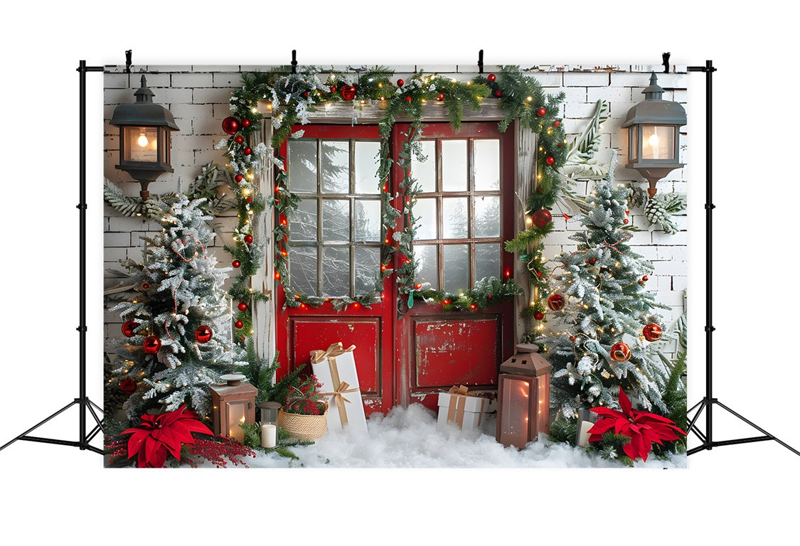 Sfondo Ghirlanda Di Natale Con Porta Rossa Innevata RR7-692