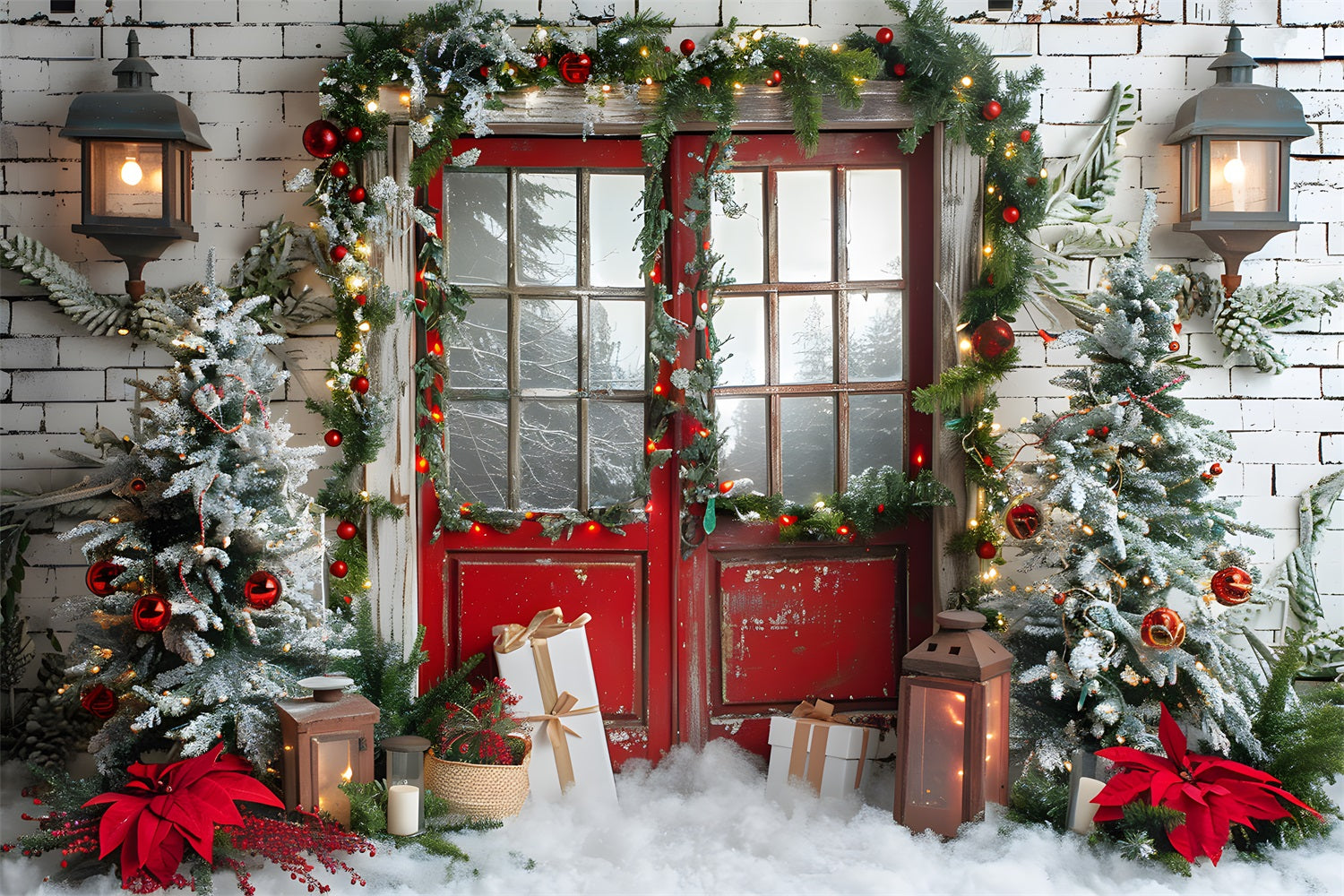 Sfondo Ghirlanda Di Natale Con Porta Rossa Innevata RR7-692