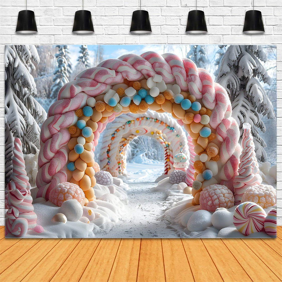 Sfondo Natalizio Con Decorazioni Innevate Per Porta Ad Arco RR7-702