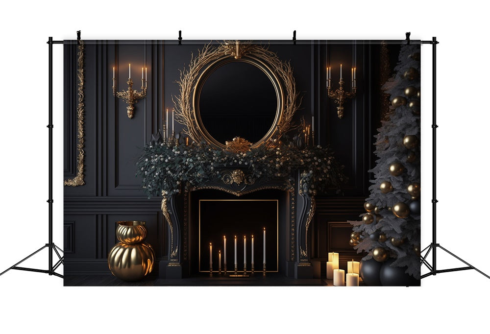 Sfondo Nero Per Albero Di Natale Con Caminetto Da Parete RR7-713