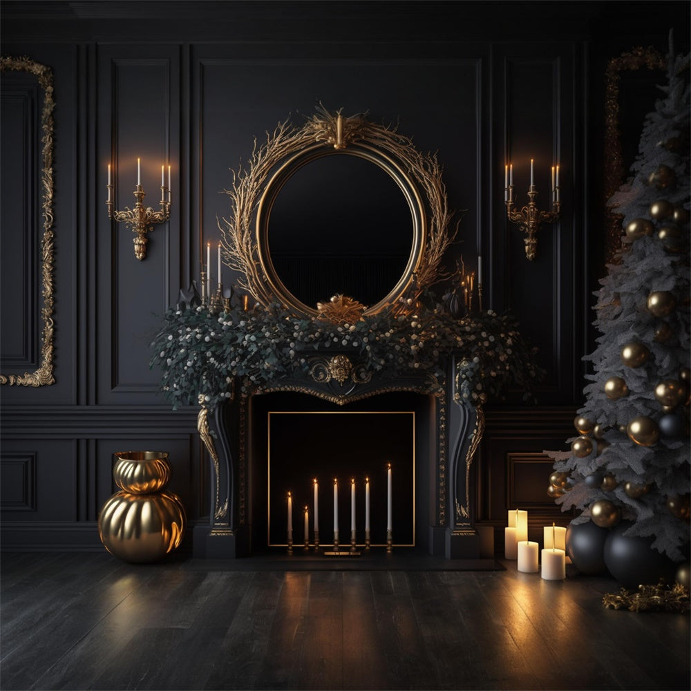 Sfondo Nero Per Albero Di Natale Con Caminetto Da Parete RR7-713