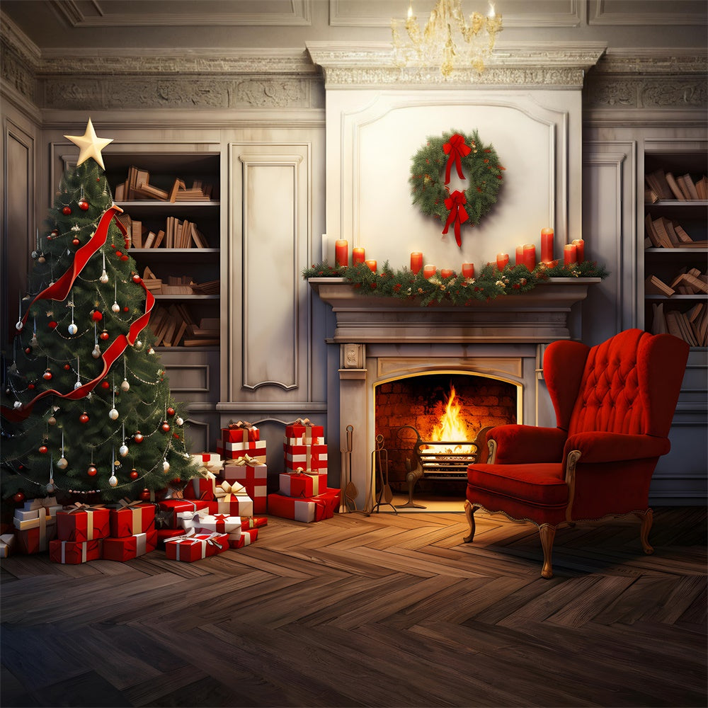 Sfondo Per Caminetto Con Scatole Regalo Per Albero Di Natale RR7-718