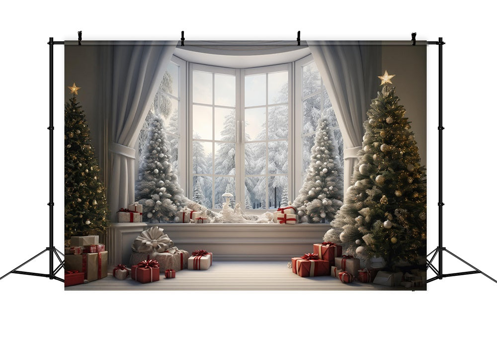 Sfondo Del Paesaggio Dell'Albero Innevato Della Finestra Di Natale RR7-728