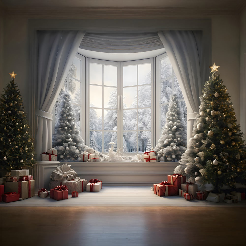 Sfondo Del Paesaggio Dell'Albero Innevato Della Finestra Di Natale RR7-728