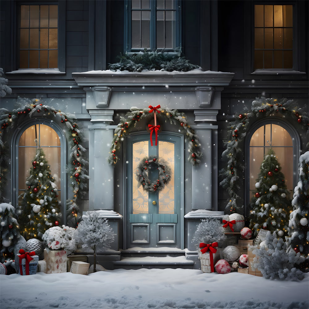 Sfondo Di Porta Finestra Dell'Albero Di Natale Innevato RR7-729