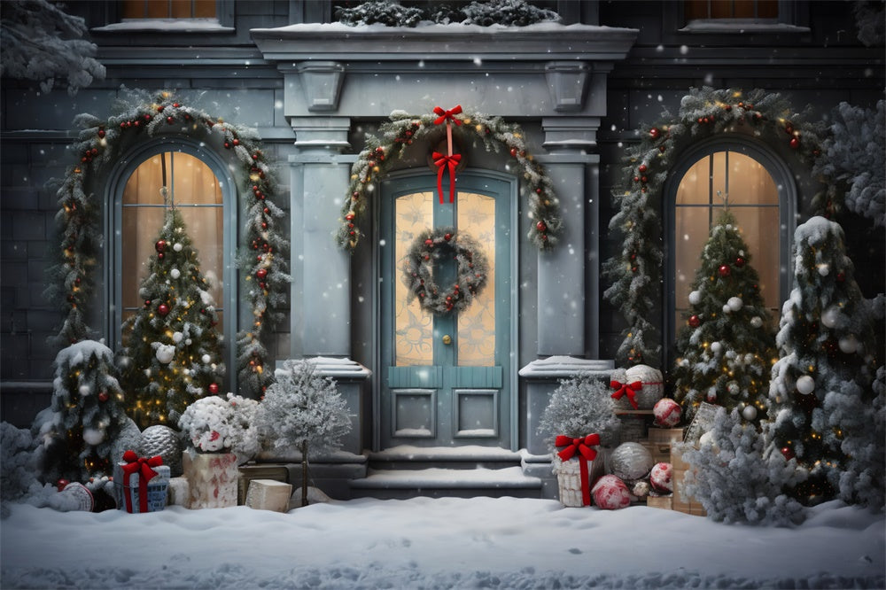 Sfondo Di Porta Finestra Dell'Albero Di Natale Innevato RR7-729