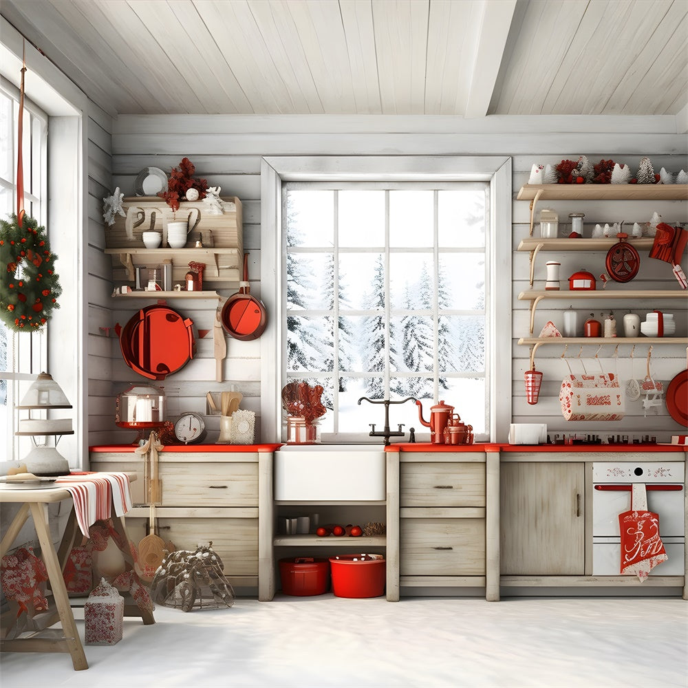 Sfondo Della Cucina Natalizia Con Cabina Nella Foresta Innevata RR7-730
