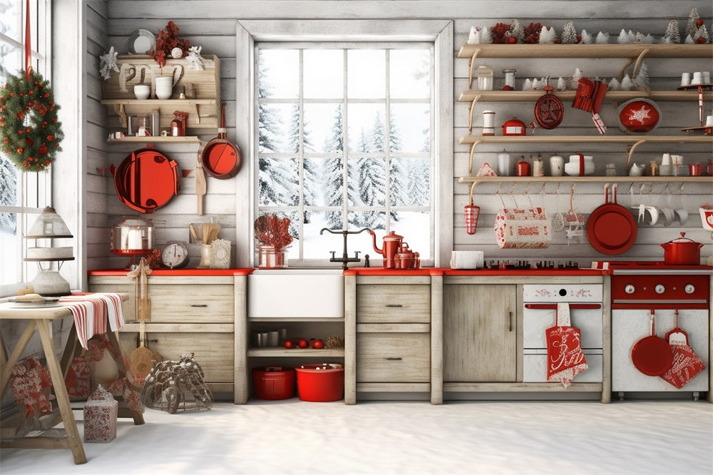 Sfondo Della Cucina Natalizia Con Cabina Nella Foresta Innevata RR7-730
