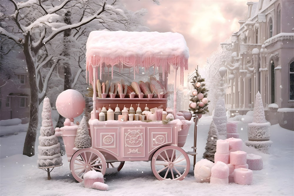 Sfondo Di Neve Del Carrello Del Negozio Di Caramelle Rosa Di Natale RR7-738
