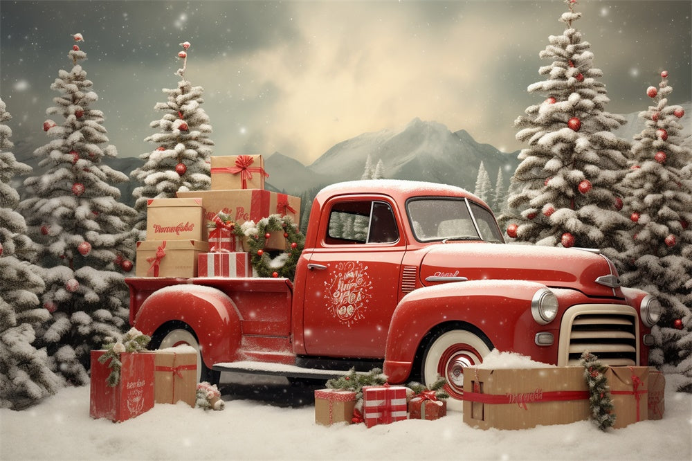 Sfondo Di Camion Rosso Con Albero Di Natale Innevato RR7-739