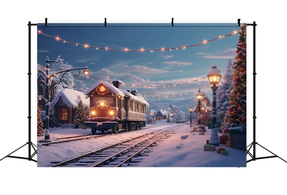Sfondo Della Casa Del Villaggio Innevato Del Treno Di Natale RR7-741