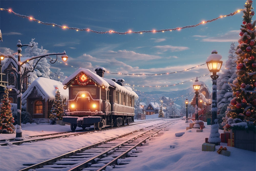 Sfondo Della Casa Del Villaggio Innevato Del Treno Di Natale RR7-741
