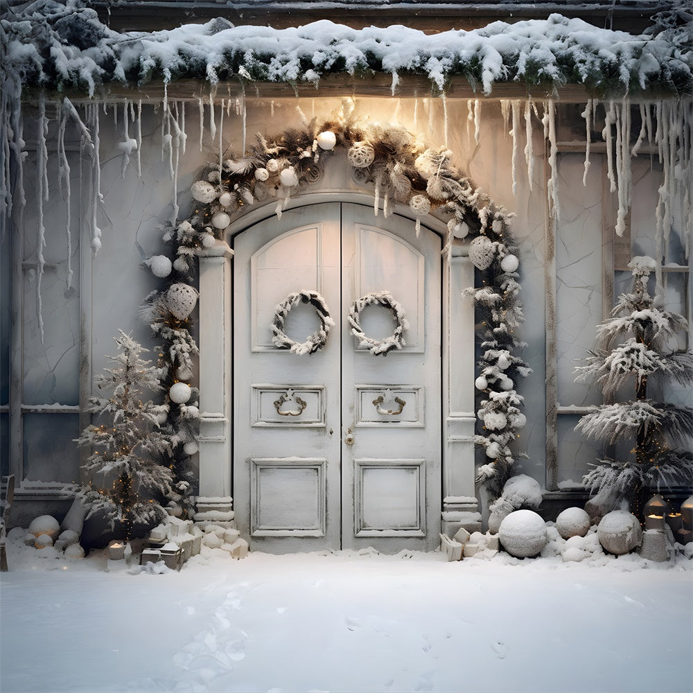 Sfondo Porta Ghirlanda Natalizia Con Neve Invernale RR7-743