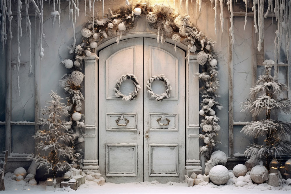Sfondo Porta Ghirlanda Natalizia Con Neve Invernale RR7-743