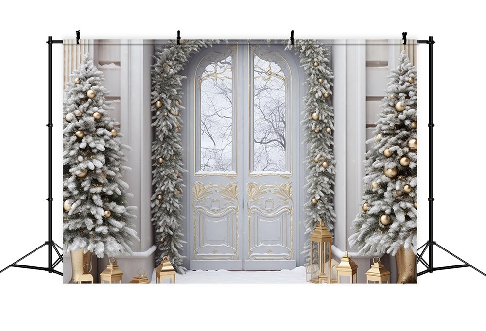 Sfondo Della Porta D'Ingresso Con Neve Sull'Albero Di Natale RR7-750