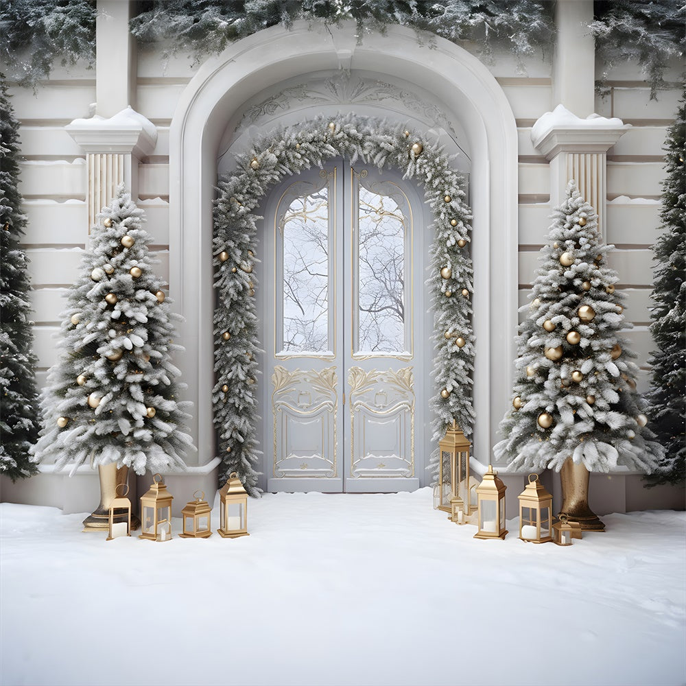 Sfondo Della Porta D'Ingresso Con Neve Sull'Albero Di Natale RR7-750
