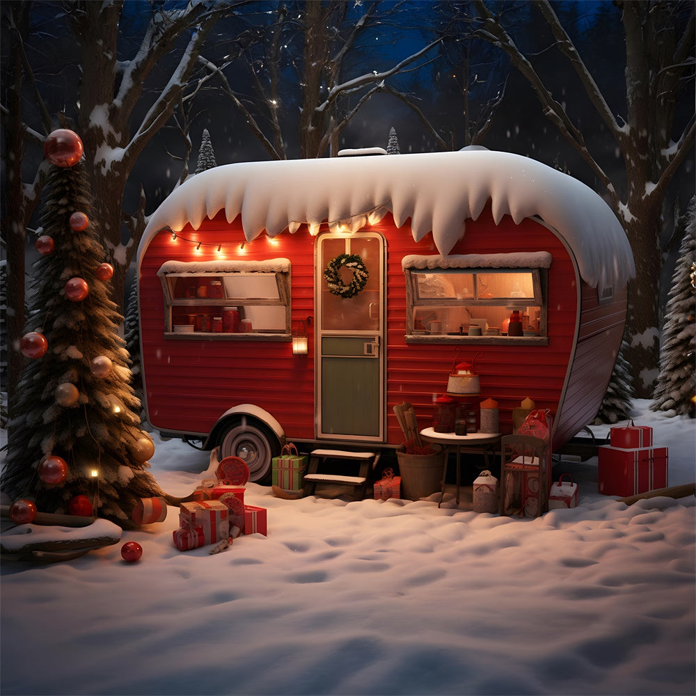 Sfondo Di Camper Rosso Natalizio Nella Foresta Innevata RR7-753