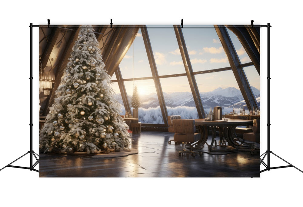 Sfondo Della Finestra Dell'Albero Di Natale Con Vista Sulle Montagne RR7-754
