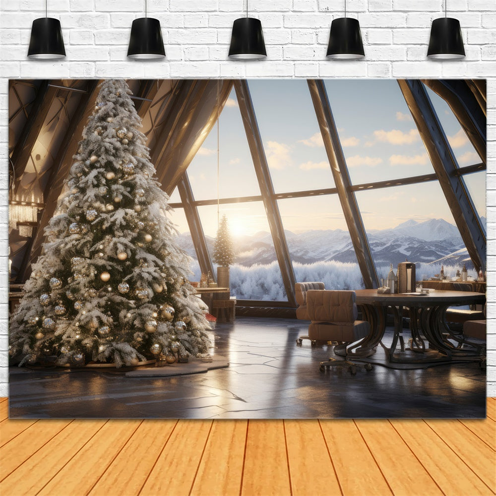 Sfondo Della Finestra Dell'Albero Di Natale Con Vista Sulle Montagne RR7-754