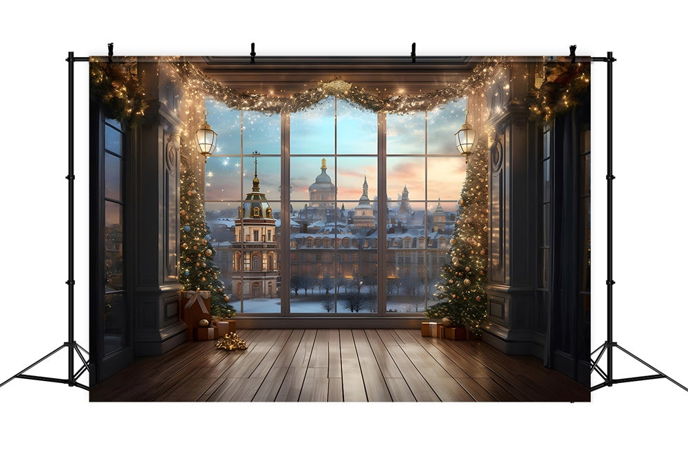 Sfondo Con Vista Sulla Finestra Delle Luci Dell'Albero Di Natale RR7-760