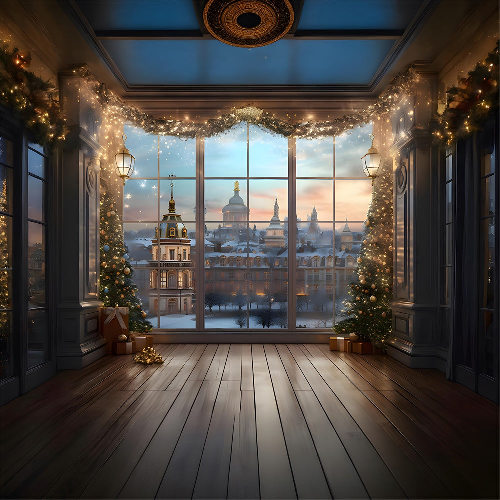 Sfondo Con Vista Sulla Finestra Delle Luci Dell'Albero Di Natale RR7-760