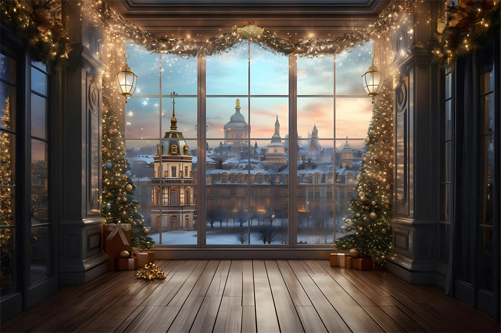 Sfondo Con Vista Sulla Finestra Delle Luci Dell'Albero Di Natale RR7-760