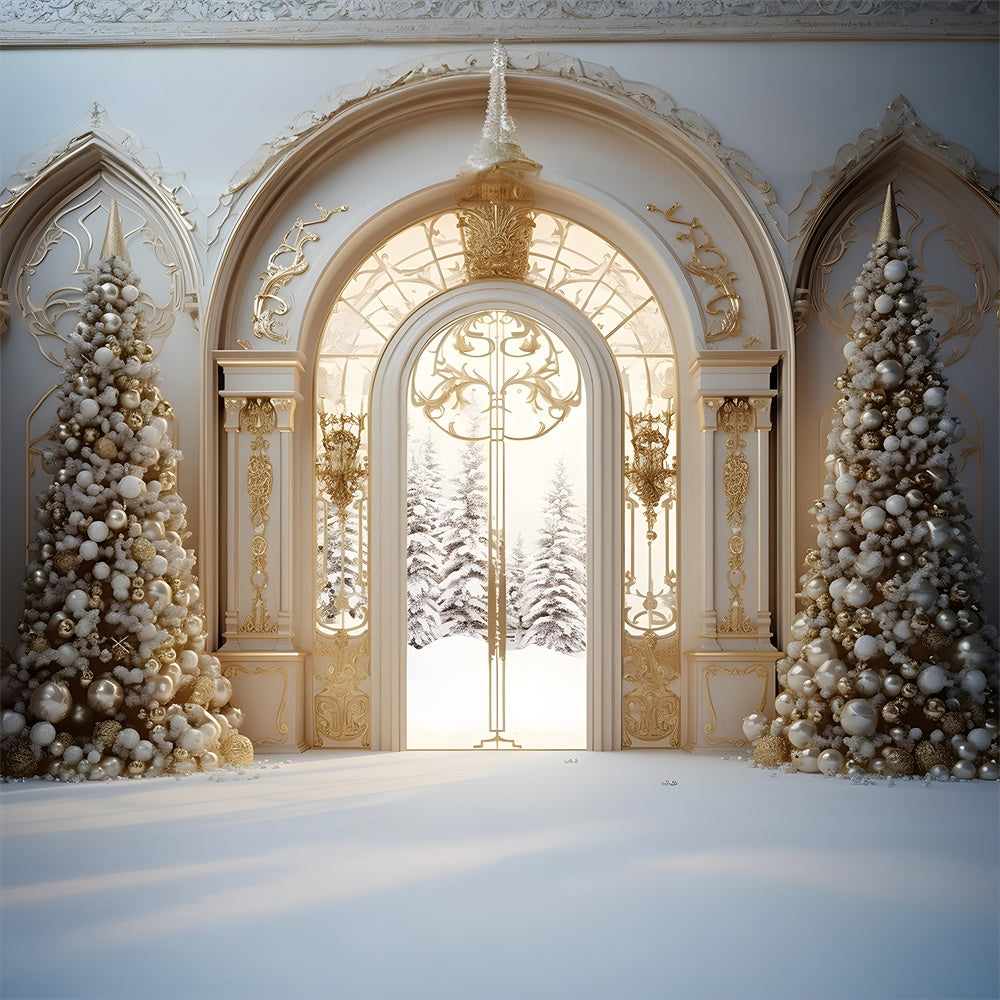 Sfondo Di Neve Con Porta Del Palazzo Dell'Albero Di Natale RR7-761