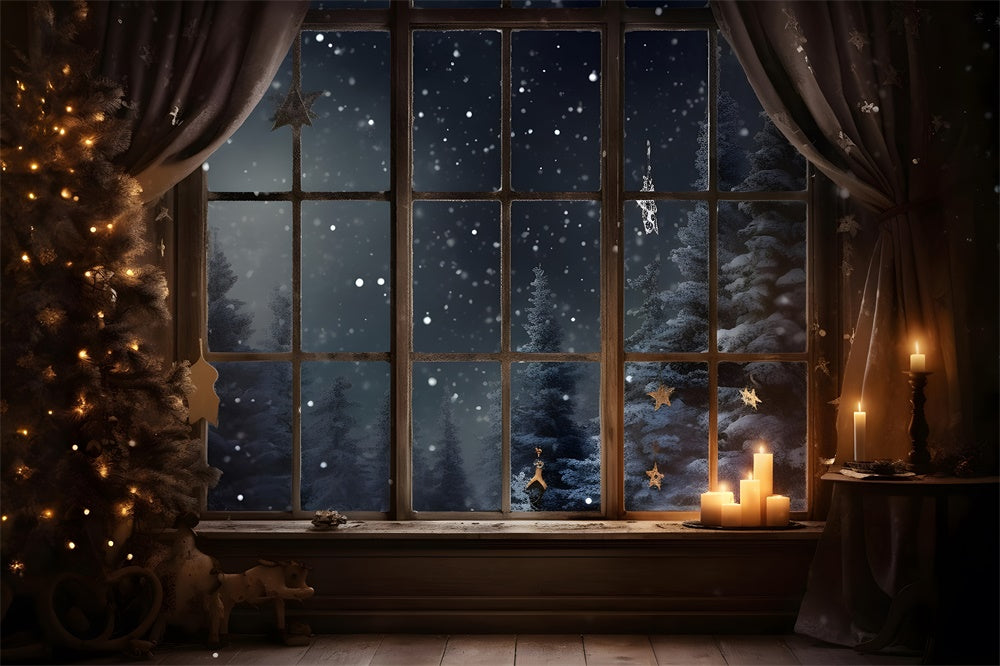 Sfondo Di Alberi Innevati Della Finestra Della Notte Di Natale RR7-765