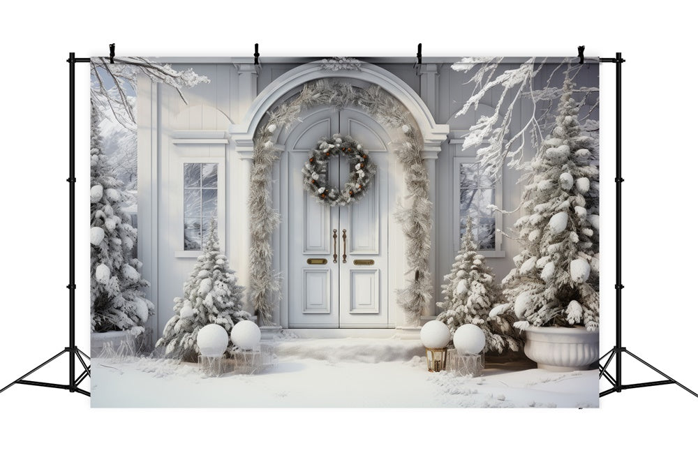 Sfondo Della Porta Della Casa Di Natale Con Alberi Innevati RR7-767