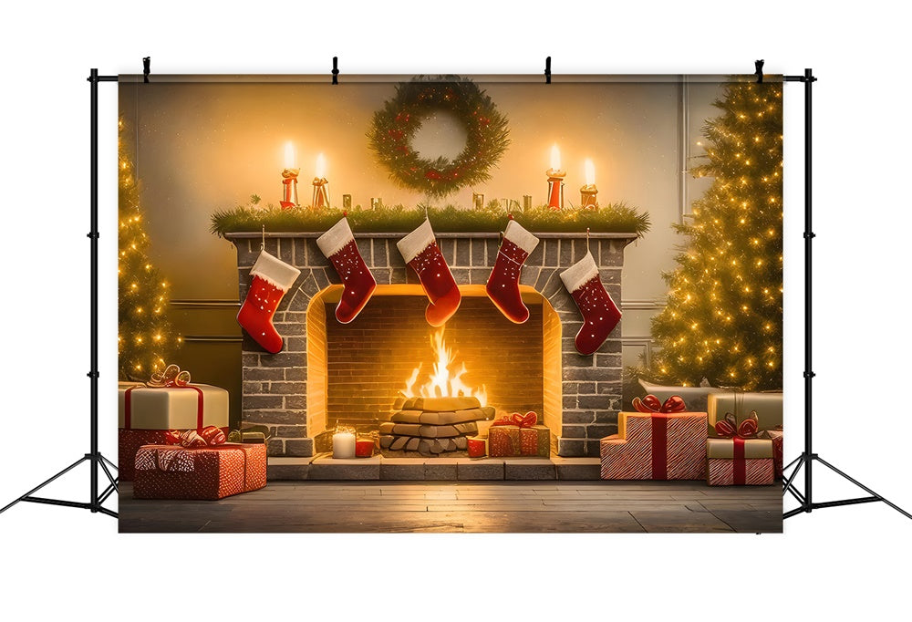 Sfondo Per Caminetto Con Calza Dell'Albero Di Natale RR7-770