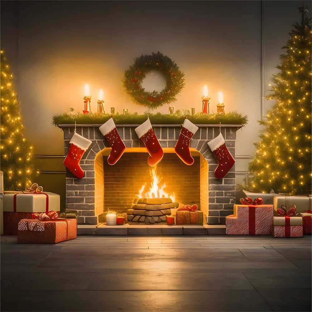 Sfondo Per Caminetto Con Calza Dell'Albero Di Natale RR7-770