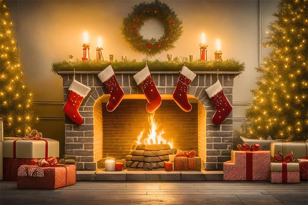 Sfondo Per Caminetto Con Calza Dell'Albero Di Natale RR7-770