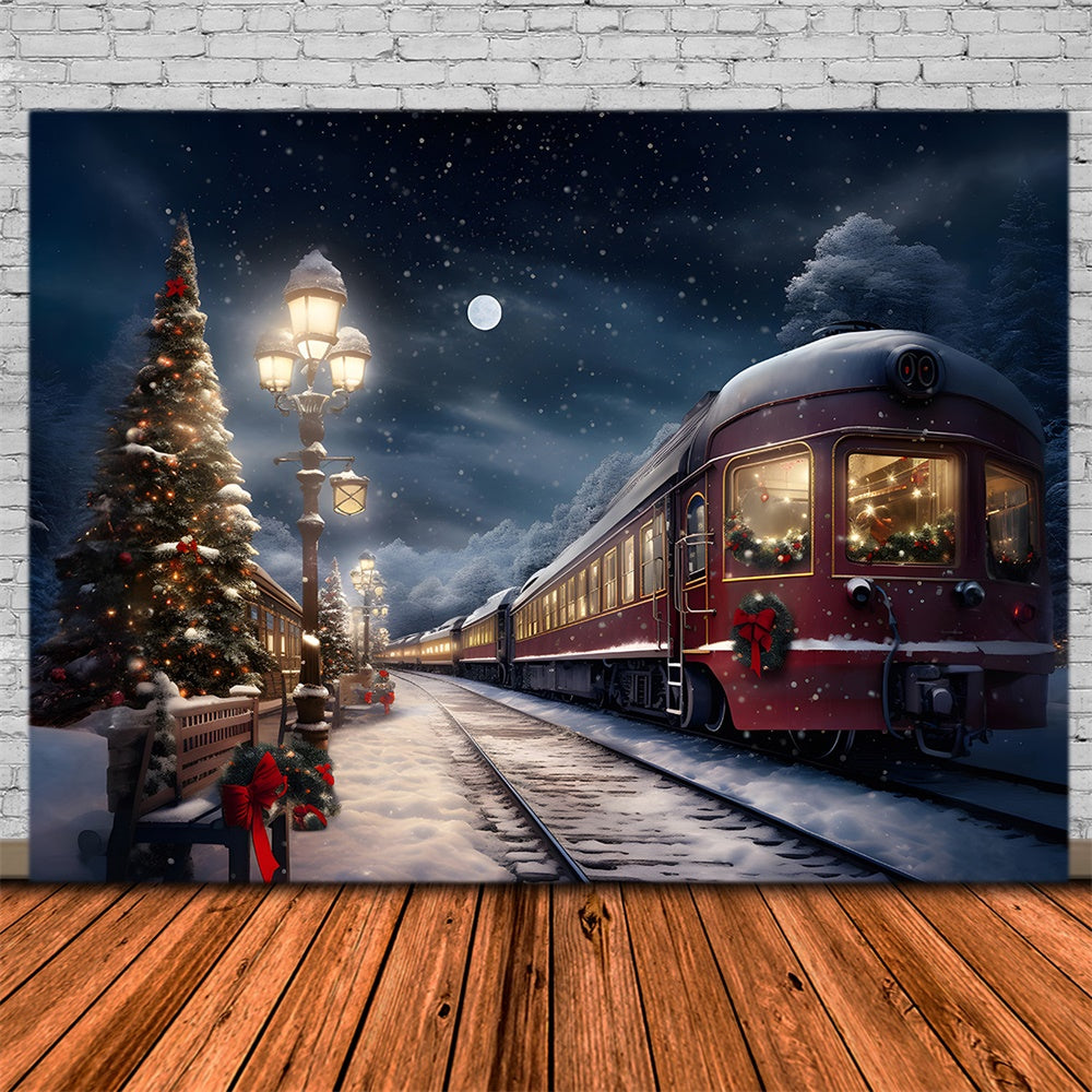 Sfondo Del Treno Innevato Degli Alberi Della Sera Di Natale RR7-776