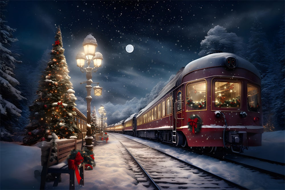 Sfondo Del Treno Innevato Degli Alberi Della Sera Di Natale RR7-776